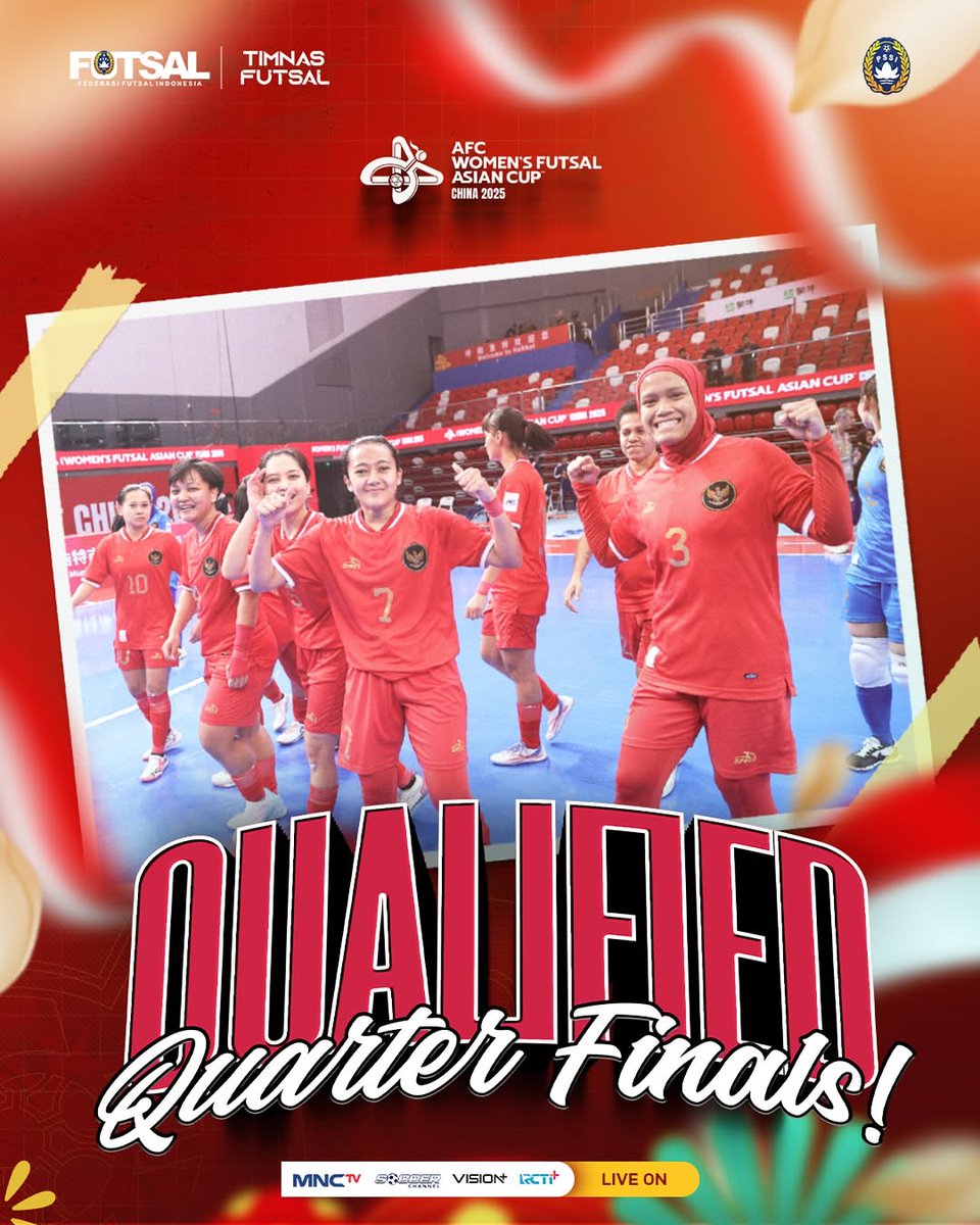 𝑸𝒖𝒂𝒓𝒕𝒆𝒓 𝑭𝒊𝒏𝒂𝒍 𝑨𝑭𝑪 𝑺𝒆𝒄𝒖𝒓𝒆𝒅 🦅🇮🇩

Garuda Pertiwi berhasil lolos ke babak berikutnya. Perjuangan masih belum usai, tetap fokus untuk hasil maksimal. Lawan akan semakin berat tentunya. Besar kemungkinan lawan berikutnya Iran/Vietnam/China.

#WACFutsal2025