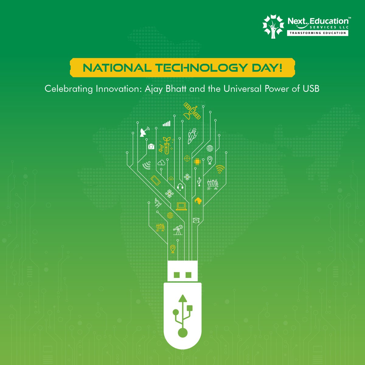 NextEducationAE's tweet image. Celebrating National Technology Day by honoring Ajay Bhatt, the Indian engineer who invented USB technology and changed the way the world connects. #NationalTechnologyDay #InnovationInAction #USB #TechForIndia #inventors #ajaybhatt #USB #NextEducation #Edtech