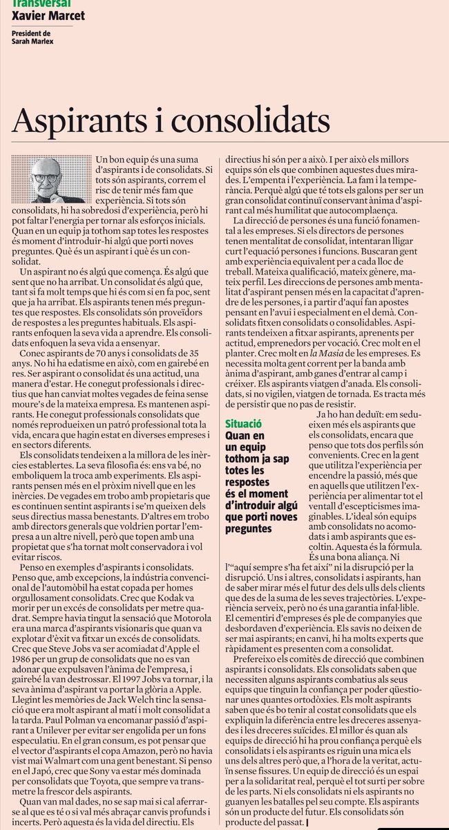 Avui el <a href="/XavierMarcet/">Xavier Marcet</a> analitza la composició dels equips. No us perdeu el seu article!
"Ser aspirant o consolidat és una actitud,  una manera de ser... L'ideal són equips amb consolidats no acomodats i aspirants que escoltin."
<a href="/LaVanguardia/">La Vanguardia</a>