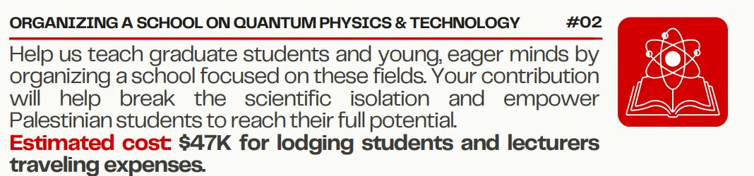 Dear friends, the next 2 months we seek to raise 40K $ for a summer school on quantum mechanics for Palestinian students, the MIT SPOCS program for education in Gaza, and a scholasticide archive. 

Contact us at fund@ScientistsforPalestine.org