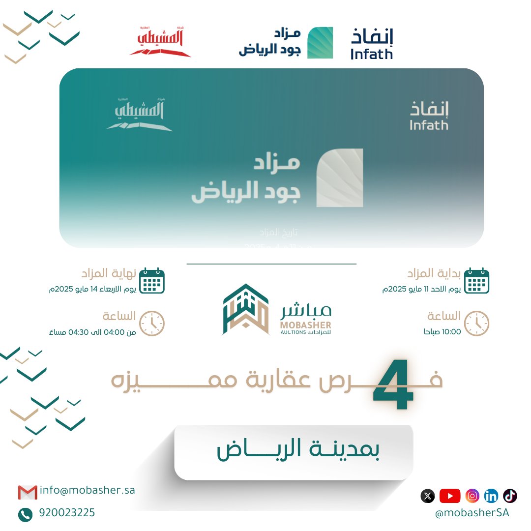 مباشر للمزادات (عقارات) (@mobashersa) on Twitter photo بدأ الآن مزاد جود الرياض🏠
يضم المزاد 4 عقارات في #الرياض منها ورشة بحي النسيم و2 أرض سكنية تجارية بحي السلام وأرض سكنية على طريق الملك فيصل .
شارك بالمزاد الآن من خلال التسجيل في #مباشر_للمزادات
re.mobasher.sa/auctions/t-con…
<a href="/infath_sa/">مركز الإسناد والتصفية - إنفاذ</a>
<a href="/almoshity_sa/">شركة المشيطى العقارية</a> بدأ الآن مزاد جود الرياض🏠
يضم المزاد 4 عقارات في #الرياض منها ورشة بحي النسيم و2 أرض سكنية تجارية بحي السلام وأرض سكنية على طريق الملك فيصل .
شارك بالمزاد الآن من خلال التسجيل في #مباشر_للمزادات
re.mobasher.sa/auctions/t-con…
<a href="/infath_sa/">مركز الإسناد والتصفية - إنفاذ</a>
<a href="/almoshity_sa/">شركة المشيطى العقارية</a>