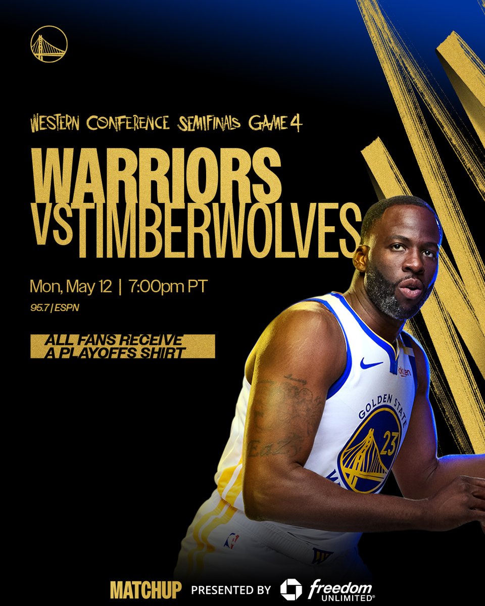 warriors's tweet photo. Game 4 on Warriors Ground

🏀 Timberwolves lead the series 2-1
🕖 7 pm PT
📺 @ESPN 
📻 @957thegame
📱 https://t.co/6BLvDT0Wyn
🎟️ https://t.co/Z938EY2y42

@Chase || #DubNation https://t.co/2VYWlVmqu9