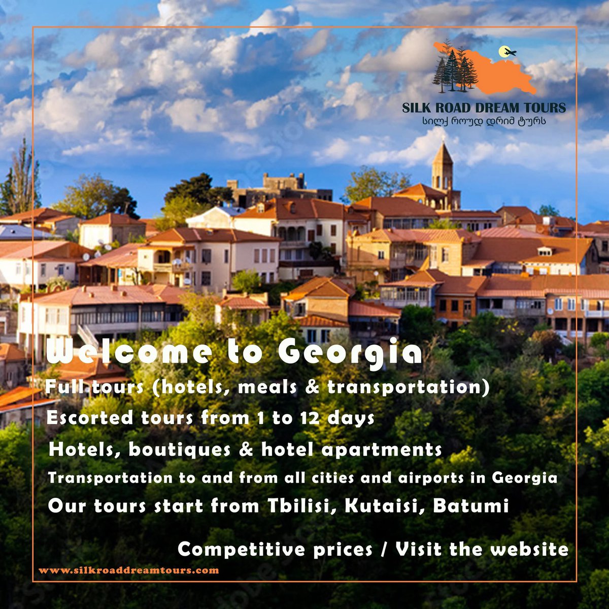 🌍 Welcome to Georgia!
Discover unforgettable adventures with Silk Road Dream Tours!
✨ Our Services:
✅ Guided &amp; Customized Tours
✅ Hotel Bookings
✅ Transportation
✅ And Much More!
🌐 Visit Our Website: silkroaddreamtours.com
📱 WhatsApp:   wa.me/995591985619