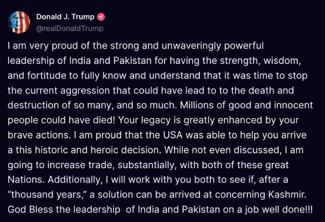 Trump once again talks about mediation on #Kashmir. In 2019 too he had claimed #Modi in their meeting had asked him to mediate to resolve the issue with #Pakistan, which India had vehemently denied. This even as so many questions remain about last night’s #ceasefire violations