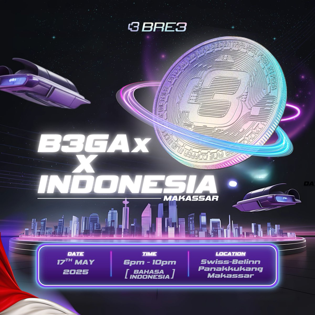 🇮🇩B3GAx Indonesia is here! Calling all Web3 dreamers in Indonesia 🇮🇩

B3GAx × Makassar is not just an event — it’s a movement.
Hosted by our Indonesian DAO Pillar, Led by the community.

B3GAx × Indonesia is part of the global BRE3 DAO tour — connecting Brewers &amp; builders to grow