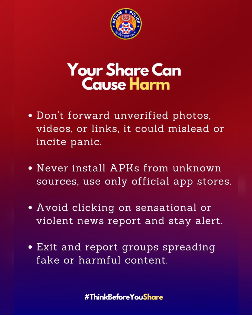 Assam Police (@assampolice) on Twitter photo Your Share can cause harm!
Be the break in the chain, stop the spread of misinformation and harmful content.
<a href="/himantabiswa/">Himanta Biswa Sarma</a> <a href="/HardiSpeaks/">Hardi Singh</a> Your Share can cause harm!
Be the break in the chain, stop the spread of misinformation and harmful content.
<a href="/himantabiswa/">Himanta Biswa Sarma</a> <a href="/HardiSpeaks/">Hardi Singh</a>