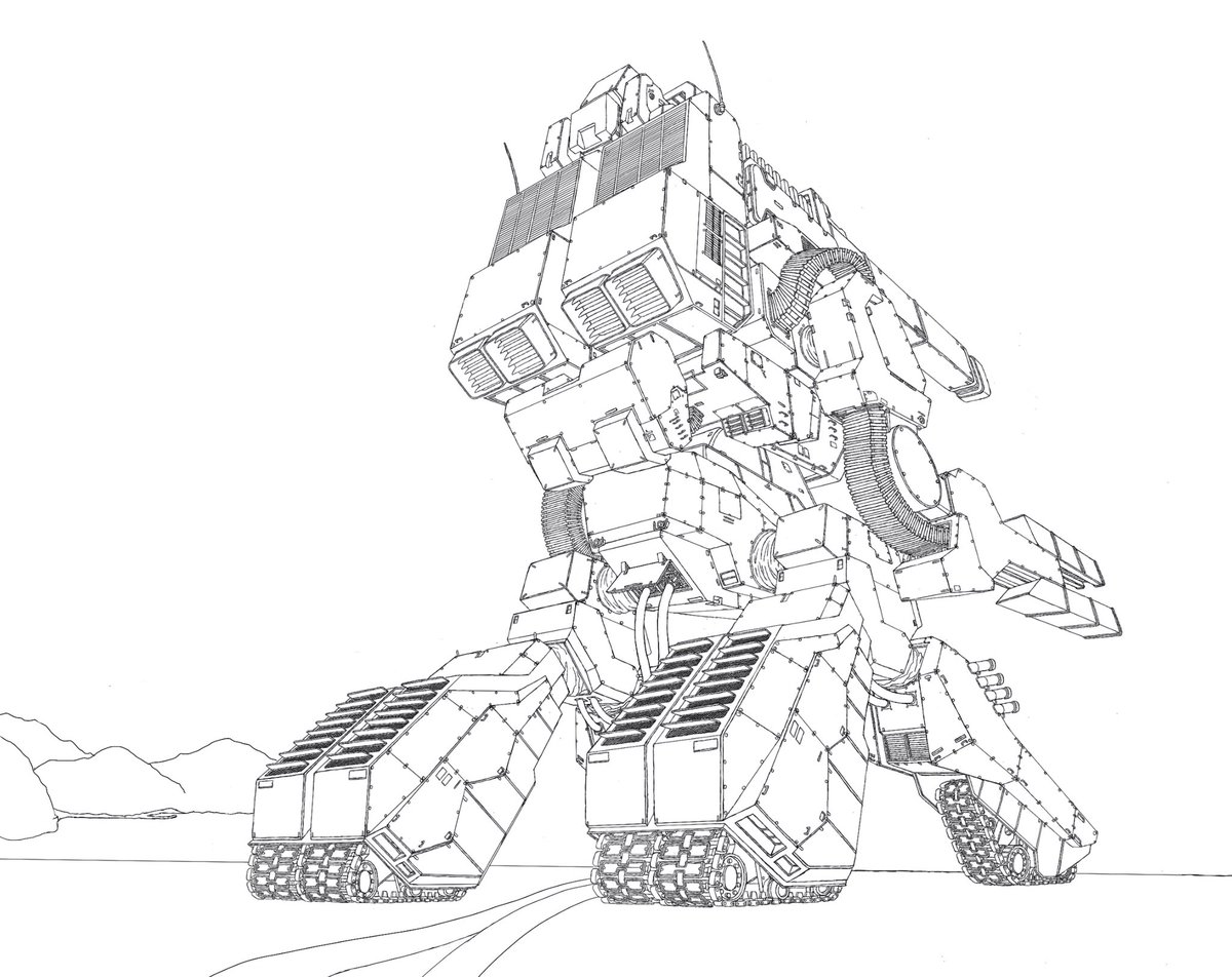 拠点防衛用レールガン射出プラットホームの線画完成しました。