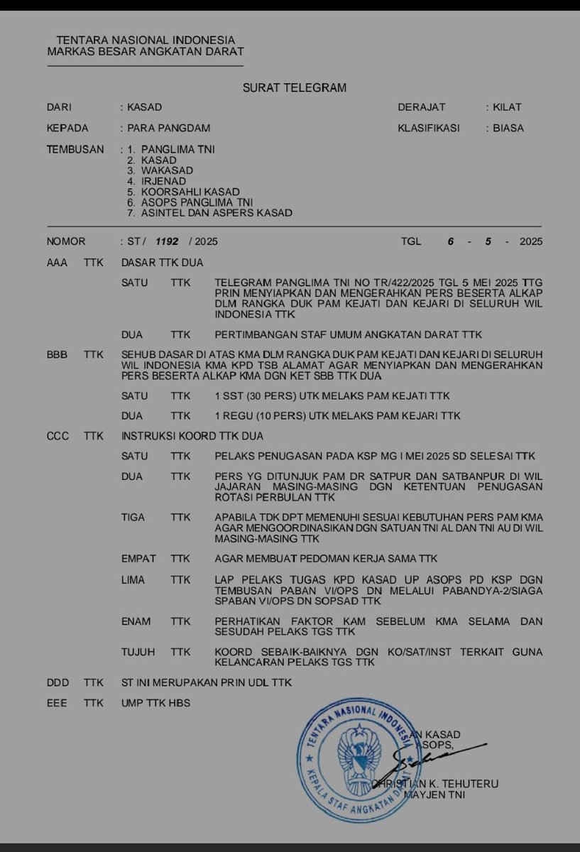 Beredar Surat Telegram Panglima TNI untuk pengamanan Kejati dan Kejari di seluruh Indonesia. Jika ini benar, tentara akan semakin dalam masuk di ruang2 sipil. Kita semakin jauh dari amanat Reformasi. Kalian yg masih menginginkan supremasi sipil di negara ini memangnya bisa apa??