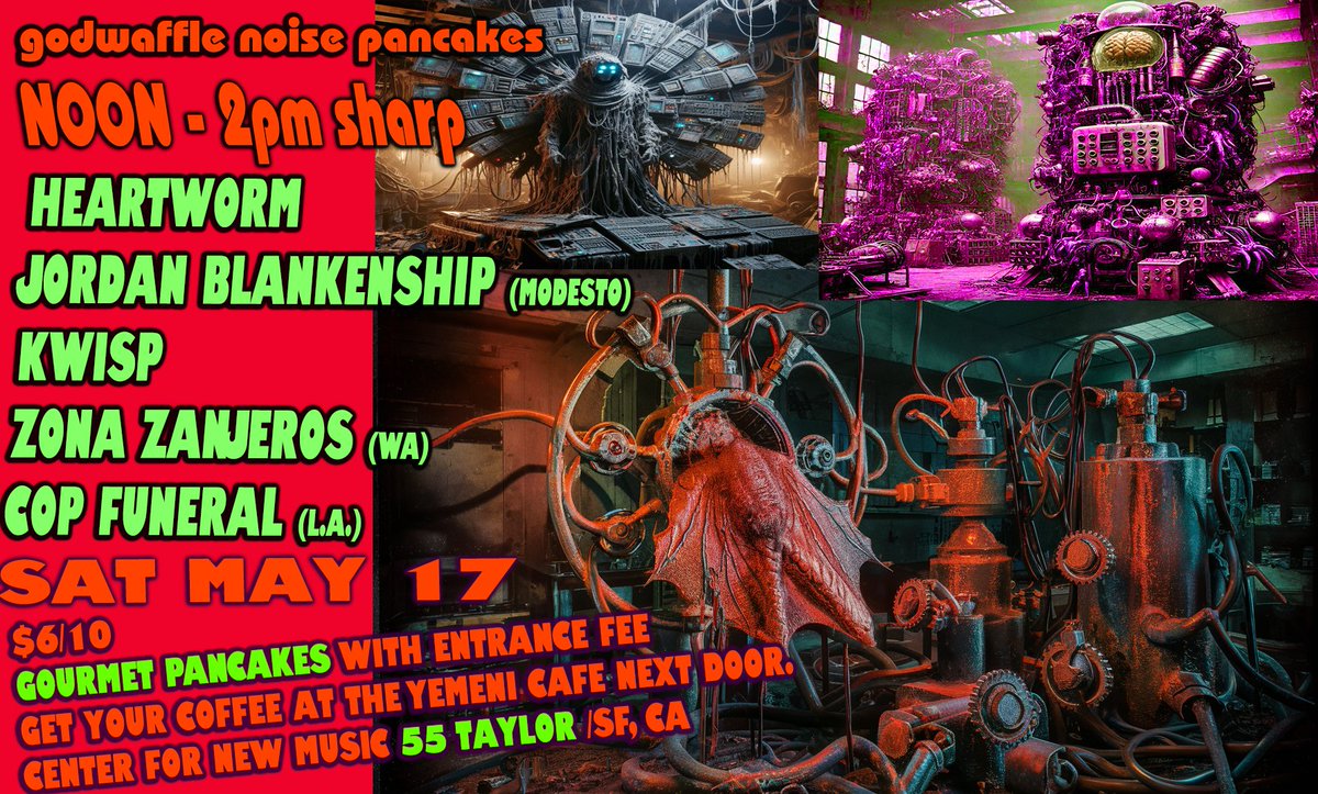Rubber0Cement's tweet photo. G|O|D|W|A|F|F|L|E||N|O|I|S|E||P|A|N|C|A|K|E|S
SAT May 17
NOON sharp! (OVER AT 2PM!)
-
Heartworm
Jordan Blankenship (Modesto)
Kwisp
Zona Zanjeros (WA)
Cop Funeral (L.A.)
$6/10
GOURMET PANCAKES
coffee at the Yemeni cafe next door.
Center For New Music 55 Taylor /SF, CA https://t.co/UsW4twpOM7