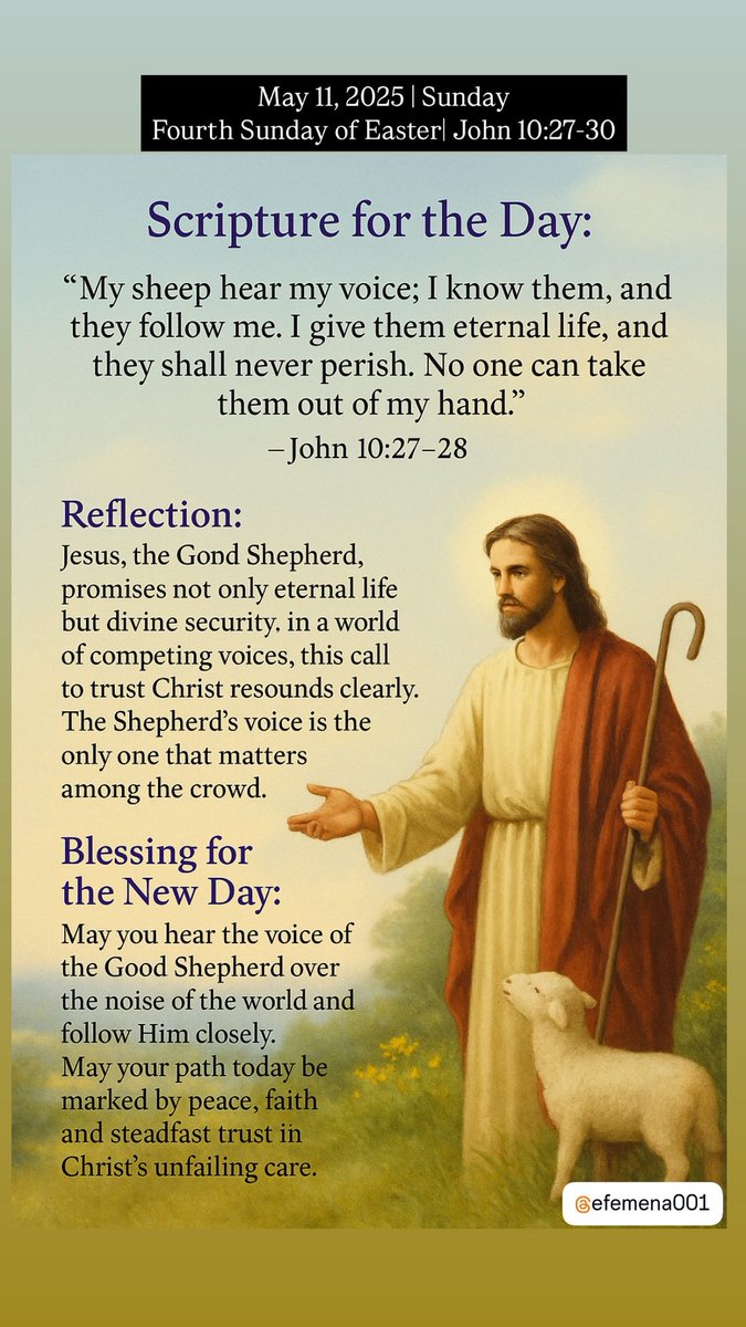 Efemena001's tweet image. The promise of eternal life and divine security reminds us that no circumstance, force, or enemy can snatch us from Jesus’ embrace- He is the Good Shepherd. 

Good Morning! &amp;amp; Happy Sunday🤗

#DailyReflection #GoodShepherdSunday
