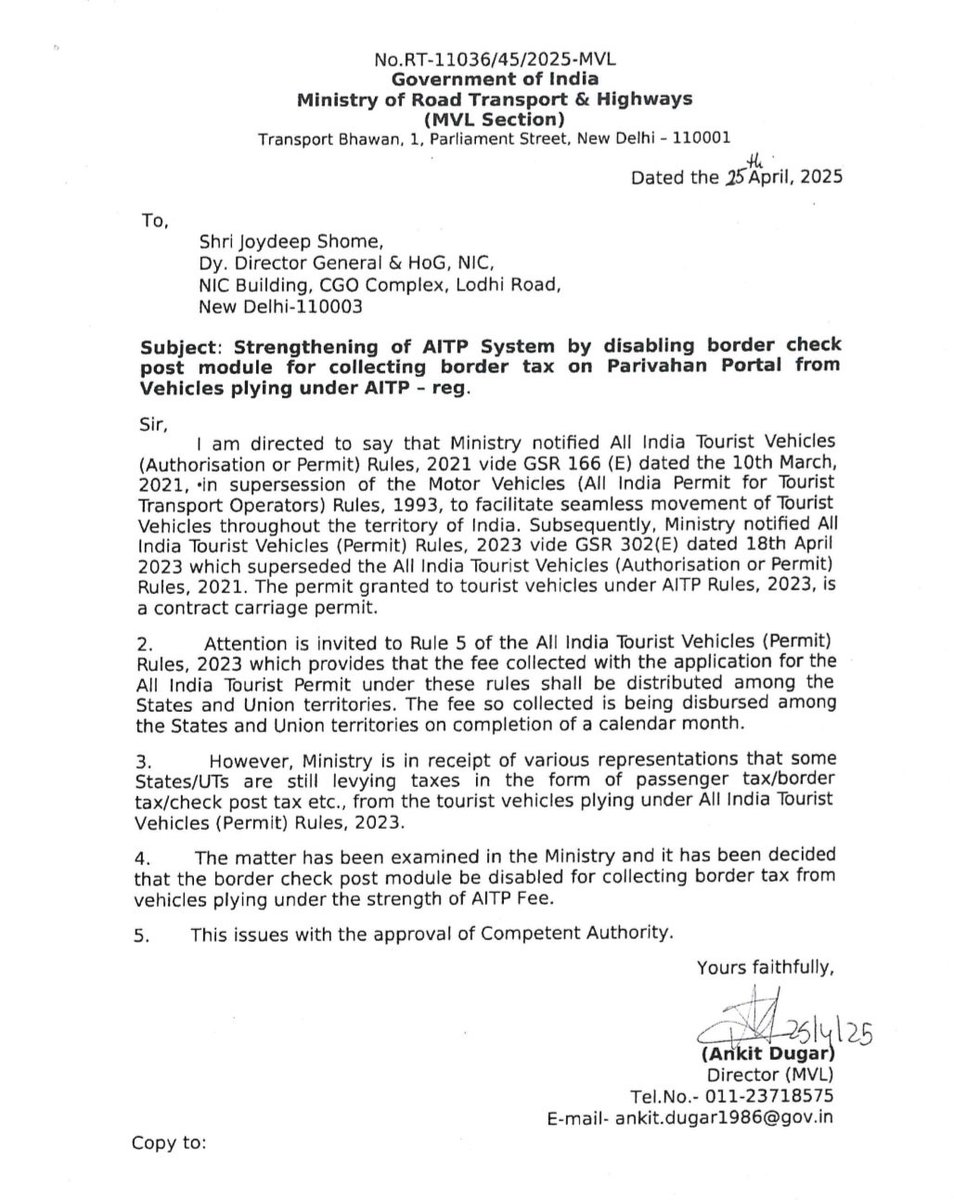 Suressh Gopi (@thesureshgopi) on Twitter photo After my meeting with Hon'ble Minister Shri <a href="/nitin_gadkari/">Nitin Gadkari</a> and discussions with the Luxury Tourist Bus Owners Association, the Ministry has directed NIC to disable the Parivahan portal’s border check post module for collecting taxes from AITP vehicles. After my meeting with Hon'ble Minister Shri <a href="/nitin_gadkari/">Nitin Gadkari</a> and discussions with the Luxury Tourist Bus Owners Association, the Ministry has directed NIC to disable the Parivahan portal’s border check post module for collecting taxes from AITP vehicles.