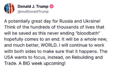 💥BREAKING:

TRUMP SAYS: "A BIG week upcoming!"

BULLISH FOR THE MARKETS! 🚀