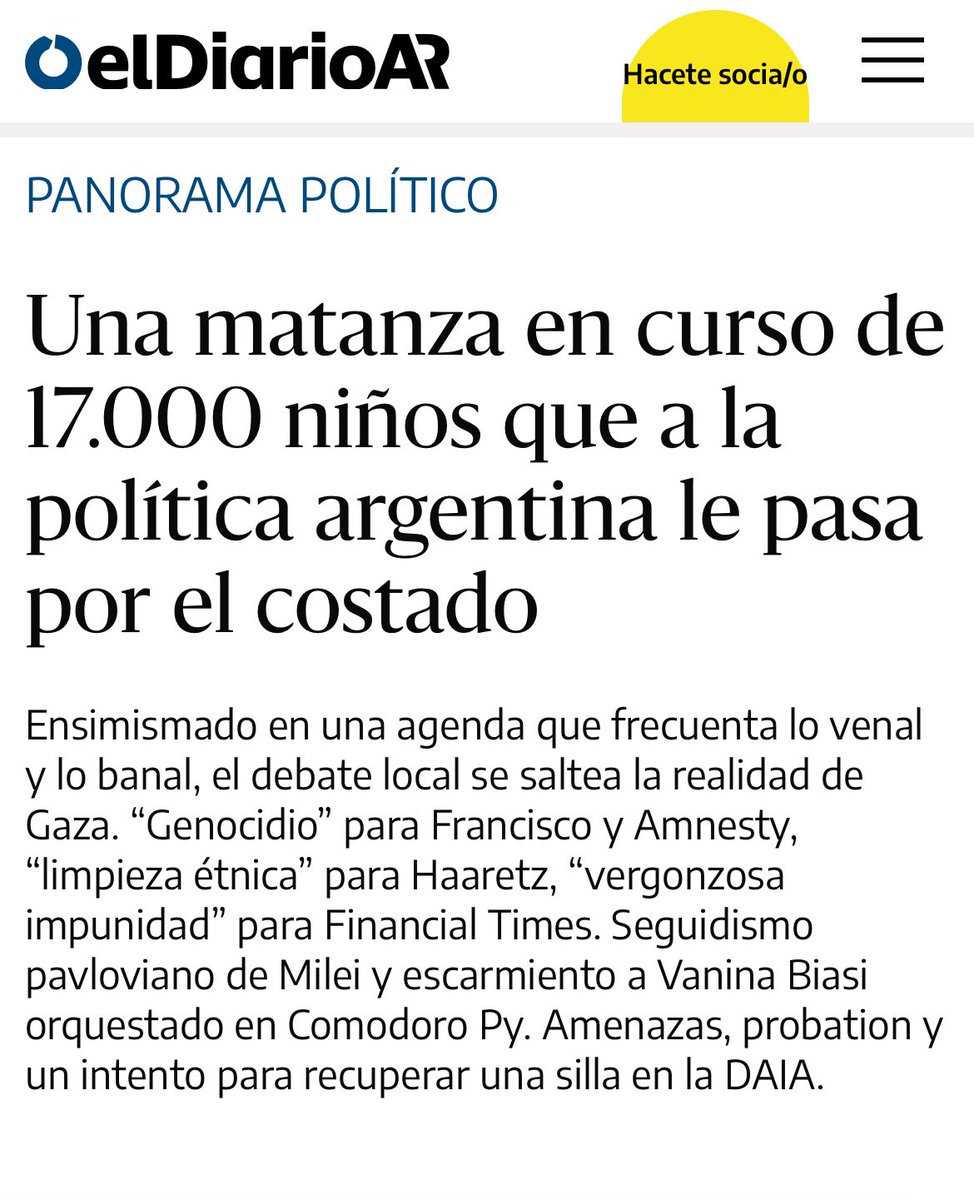 Sebastián Lacunza (@sebalacunza) on Twitter photo Escribí
Una matanza en curso de 17.000 niños que a la política argentina le pasa por el costado
<a href="/elDiarioAR/">elDiarioAR</a>
eldiarioar.com/opinion/matanz… Escribí
Una matanza en curso de 17.000 niños que a la política argentina le pasa por el costado
<a href="/elDiarioAR/">elDiarioAR</a>
eldiarioar.com/opinion/matanz…