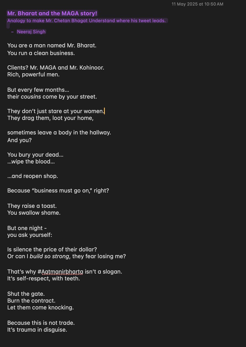 its_nickonomics's tweet photo. @chetan_bhagat - Here you go Chetan! Nothing personal. Just my perspective with utmost respect. 

P.S. - I come from a family of armed forces, have seen the action up and close. Know the stories of terror by Pak, that only stay in are shared when you sit with those  army men! https://t.co/jXammjyMJr
