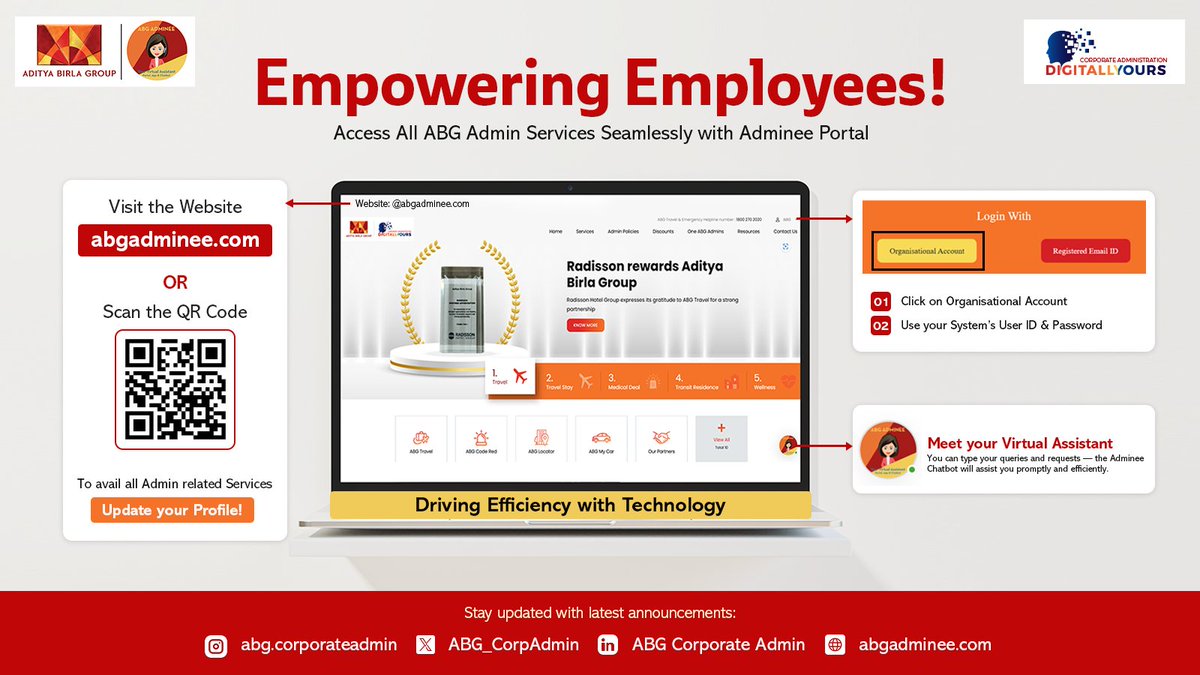 ABG_CorpAdmin's tweet photo. This #NationalTechnologyDay, we celebrate innovation at ABG! 🚀 The Adminee Portal empowers employees with seamless access to admin services, admin policies, &amp; instant chatbot help. Let’s unlock efficiency every day! 💡 #ABGAdmineePortal #TechForGood #FutureOfWork https://t.co/AexDjm6WLe