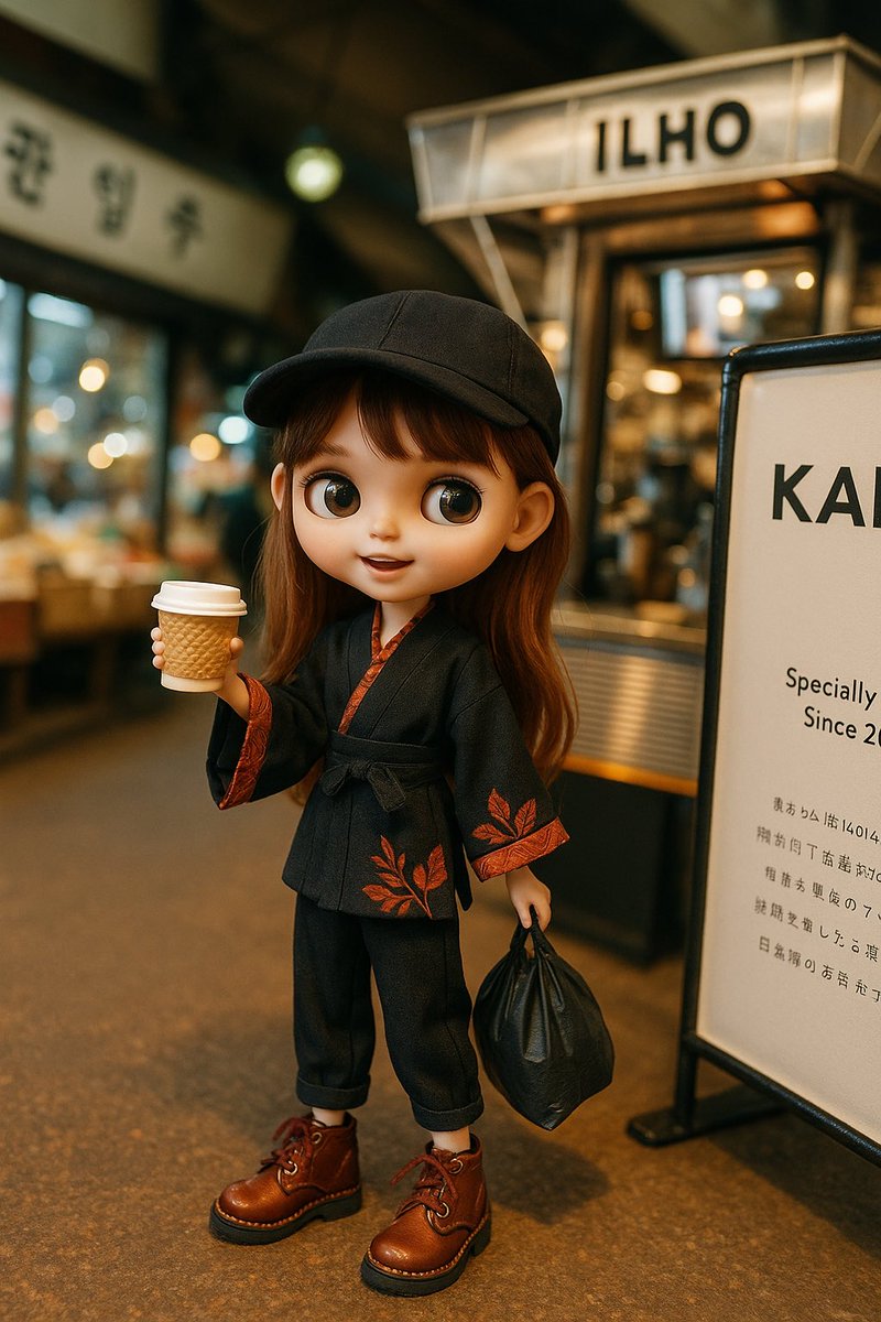 韓国のコーヒーショップの前で撮った写真をミニチュア風にしてと頼んだら気を利かせてブライス風味にしてくれて優しい