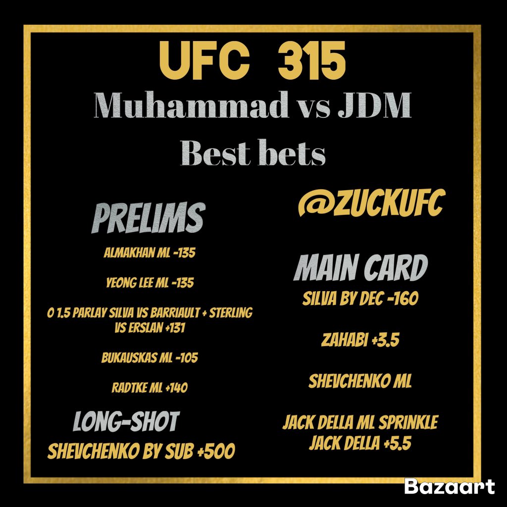#UFC315 MAIN CARD SWEEEP✅💸

Silva by Dec✅
Zahabi +3.5✅
Valentina ml ✅
Jack Della ml ✅
Jack della +5.5✅

Prelims 
Almakhan ml ✅
Bukauskas ml ✅
Parlay ❌
Lee❌
Radtke❌

#bestbets #ANDNEW #ufcparlays #ufcpicks