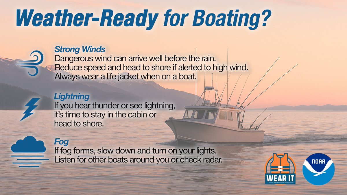 🌬️⚡🌫️ Weather can change fast on Alaska waters. Strong winds, lightning, and fog can all create hazards. Always check the marine forecast, and have a plan to head for shore if conditions change.

🔗 weather.gov/marine

#NationalSafeBoatingWeek #MarineWeather #AKwx