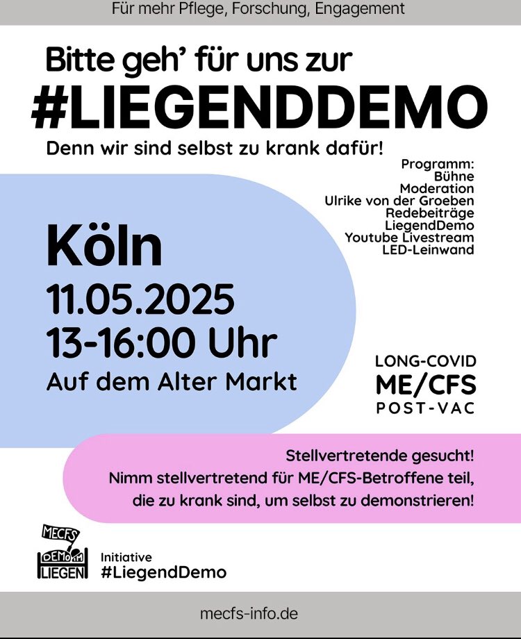 Heute legt sich Köln hin, stellvertretend für die vielen ME/CFS-Betroffenen in Deutschland. Gemeinsam ein Zeichen setzen für Anerkennung, bessere Versorgung und Forschung. 
#LiegendDemo2025 #Liegenddemo #MECFS #Köln