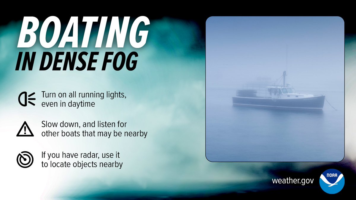 Fog can develop fast on Alaska waters.
🚤 Stay safe:
🔹 Turn on all running lights
🔹 Slow down and listen for other boats
🔹 Use radar if available
⚠️ Always check the marine forecast for fog advisories.

🔗 weather.gov/marine
#NationalSafeBoatingWeek #MarineWeather #AKwx