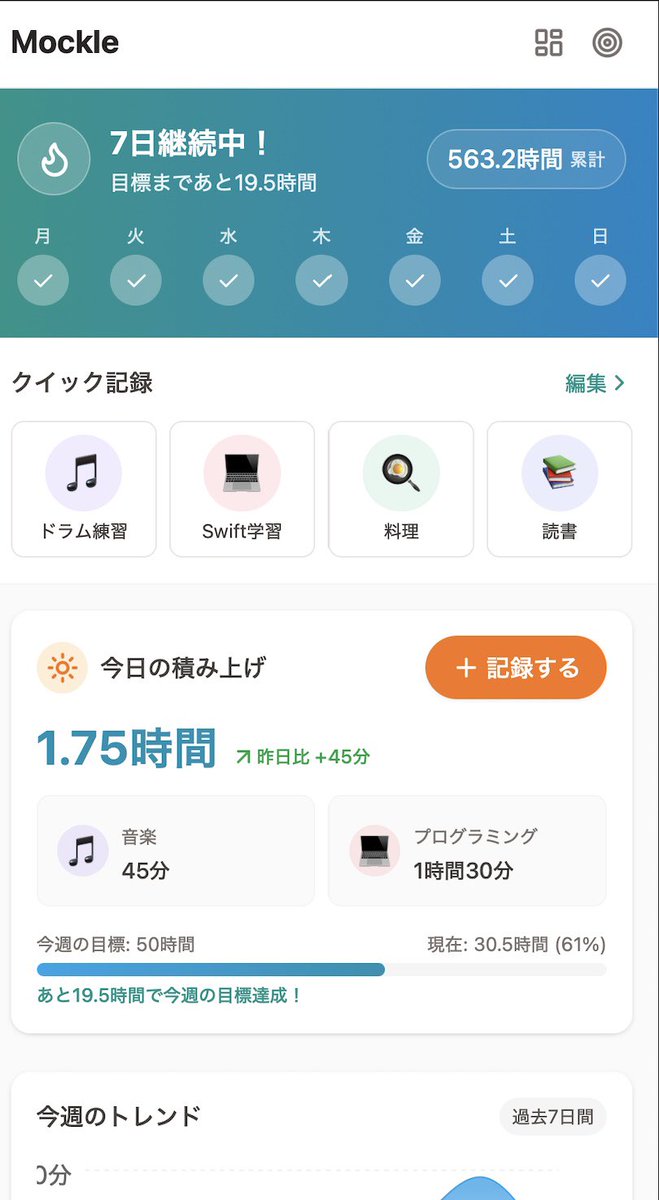 寄り道で作ってるアプリ、だいぶ形になってきた
日々の積み上げを記録して振り返りができるやつ

自分が何にどのくらいの時間投資してるかがわかるようになる