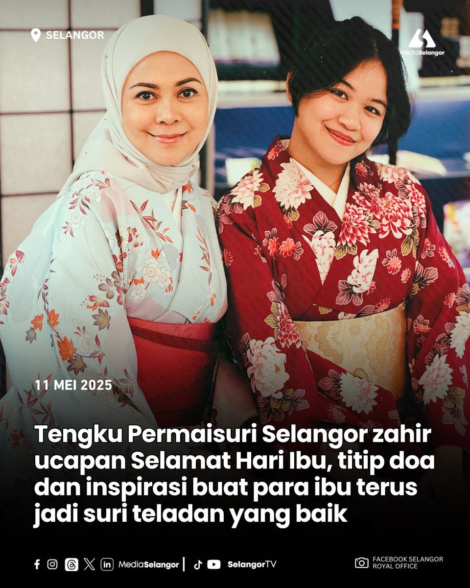 Duli Yang Maha Mulia (DYMM) Tengku Permaisuri Selangor, Tengku Permaisuri Hajah Norashikin berkenan menzahirkan ucapan Selamat Hari Ibu kepada semua wanita bergelar ibu di seluruh Malaysia atas ketabahan dan kecekalan mereka dalam mendidik anak-anak.

Menerusi tulisan di Facebook