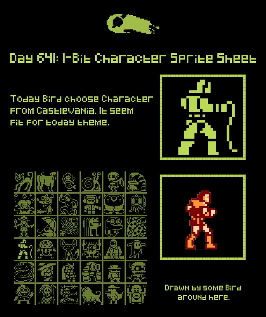 At <a href="/basepaint_xyz/">BasePaint</a> today.
Theme made me want to draw
a Castlevania character. 🥳🎉🕊️
Day 641: 1-Bit Character Sprite Sheet

#pixelart #pixelartist #Castlevania #NFTs #Base
