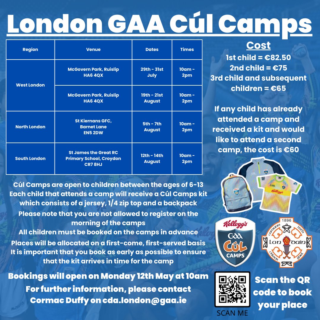 A reminder that bookings for the London GAA Cúl Camps open tomorrow at 10am via this link: kelloggsculcamps.gaa.ie/booking/?count…

We will be running four camps over the summer in West, South and North London.

Each child who attends will receive a Cúl Camps jersey, a 1/4 zip and a backpack.