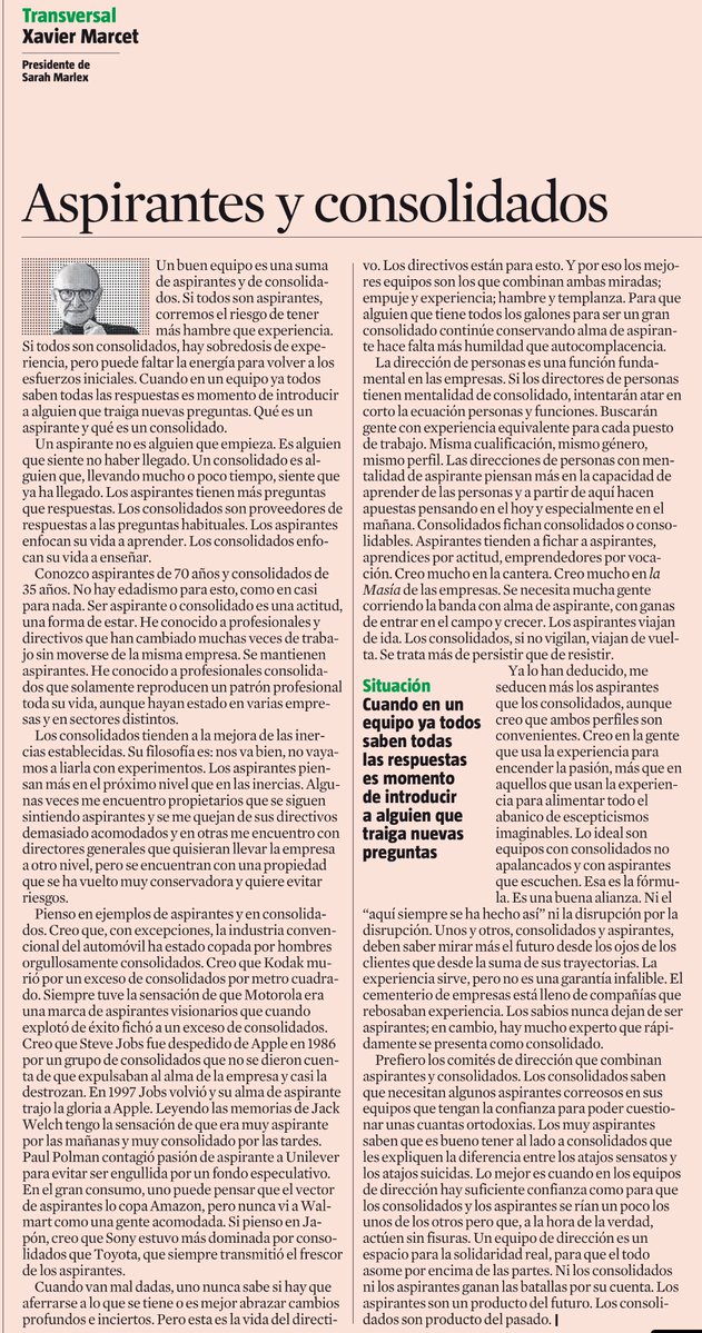 Xavier Marcet (@xaviermarcet) on Twitter photo Aspirantes y consolidados
Cuando en un equipo ya todos saben todas las respuestas, es el momento de introducir a alguien con nuevas preguntas
Hoy en <a href="/LaVanguardia/">La Vanguardia</a> Aspirantes y consolidados
Cuando en un equipo ya todos saben todas las respuestas, es el momento de introducir a alguien con nuevas preguntas
Hoy en <a href="/LaVanguardia/">La Vanguardia</a>