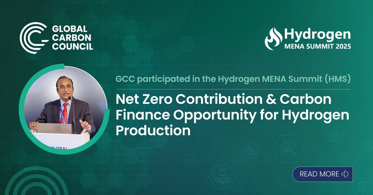 At Hydrogen MENA Summit 2025, GCC highlighted its efforts to unlock #CarbonFinance for #hydrogen projects through certification, #CcarbonMarkets, and its Article 6.2 National Registry.

🔗 Read more: globalcarboncouncil.com/carbon-finance…