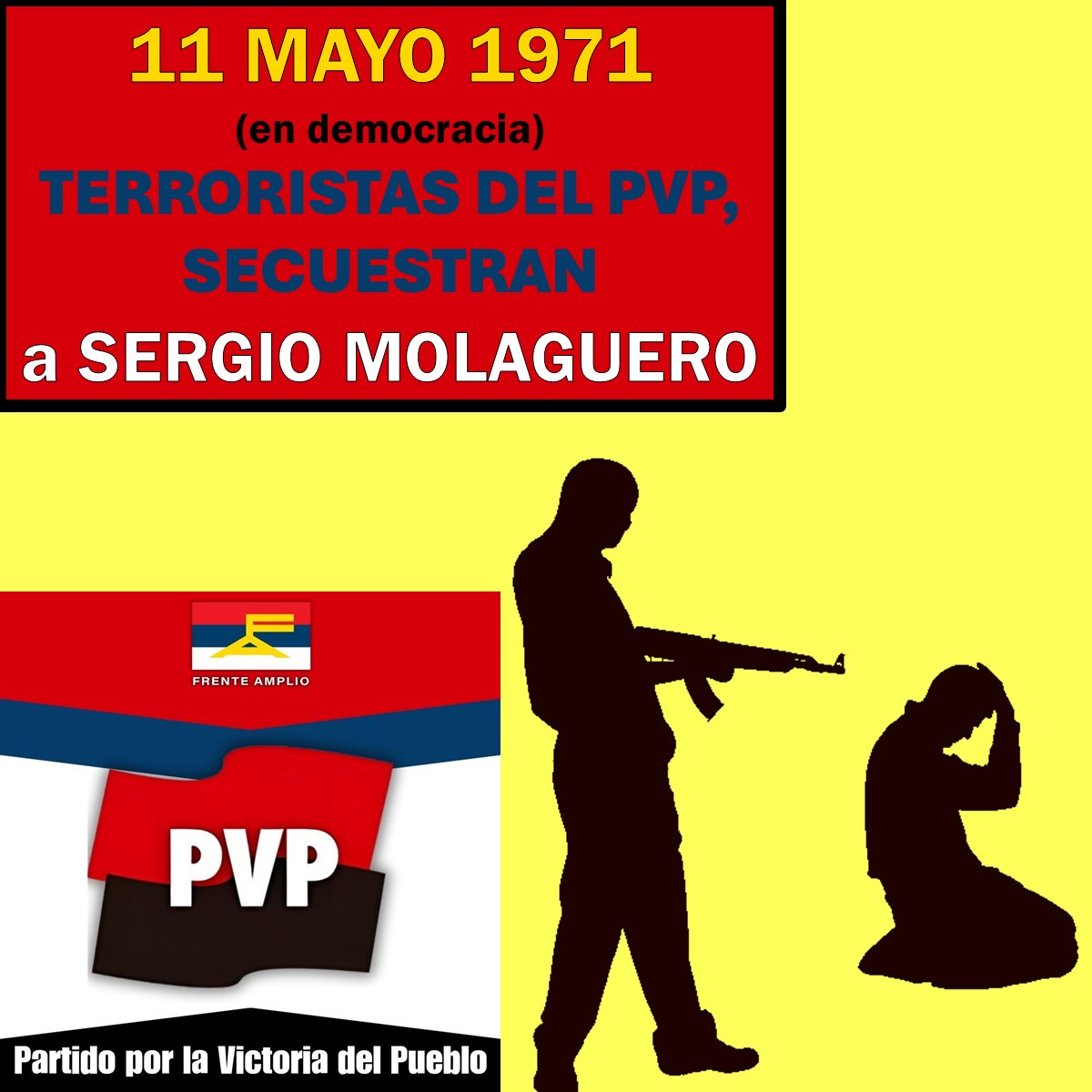 #Memoria 11 MAY 1971
Hace 54 años, #terroristas del PVP secuestraban a Sergio MOLAGUERO, un joven, hijo del dueño de una fábrica… para torturarlo manteniendolo en condiciones inhumanas.

El clima que se vivía en Uruguay
#SeTieneQueSaber #Caducidad🎗️🇺🇾
