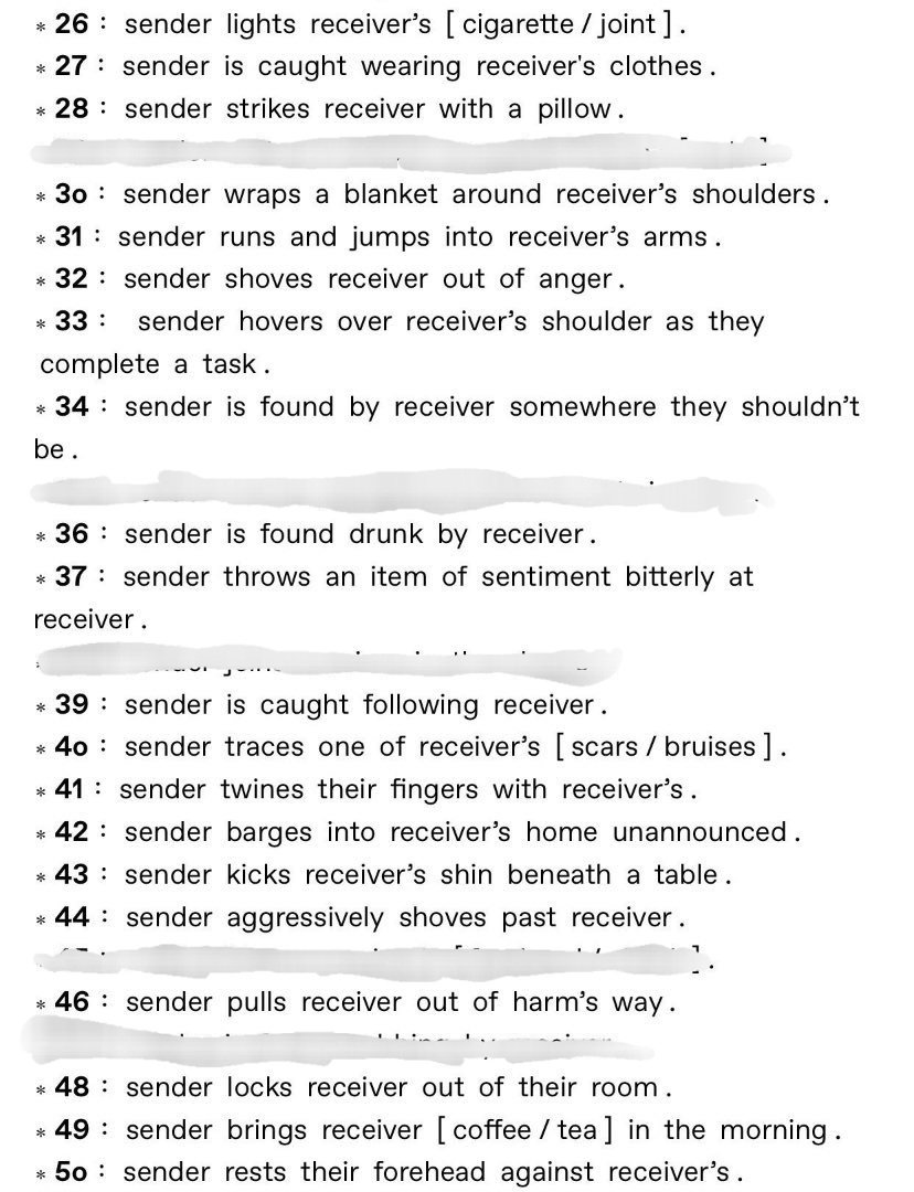 DISGRACED__0NE's tweet photo. 𝐏𝐑𝐎𝐌𝐏𝐓𝐒:

reply with a number and I'll write a short starter.  add (reversed) if you'd like to swap the roles of our muses. (a few were blanked out for various reasons) https://t.co/P0xCPvsG6P
