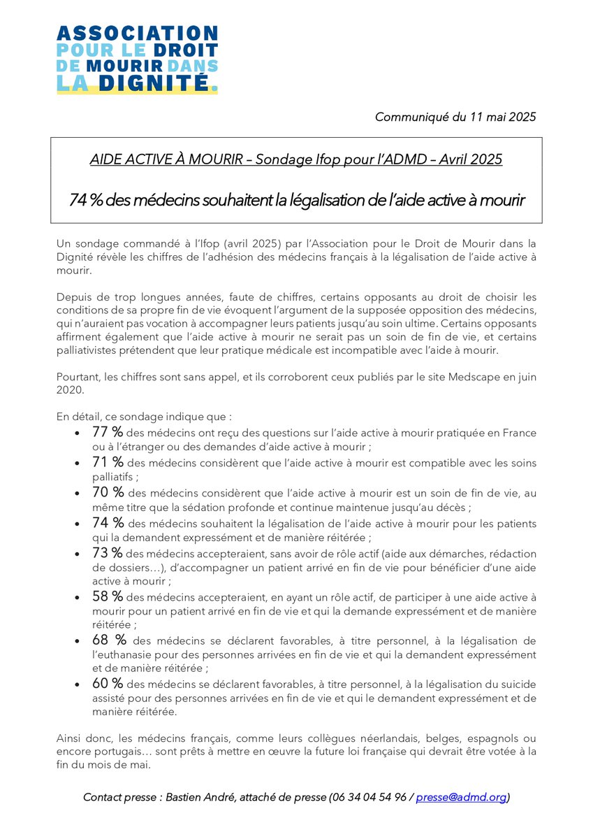 👉🏻 NOUVEAU sondage <a href="/IfopOpinion/">Ifop Opinion</a> qui révèle les chiffres de l’adhésion des médecins français à la légalisation de l’aide active à mourir.
✅ #FindeVie : 74 % des médecins souhaitent la légalisation de l’aide active à mourir.
🩺 Ainsi donc, les médecins français, comme leurs