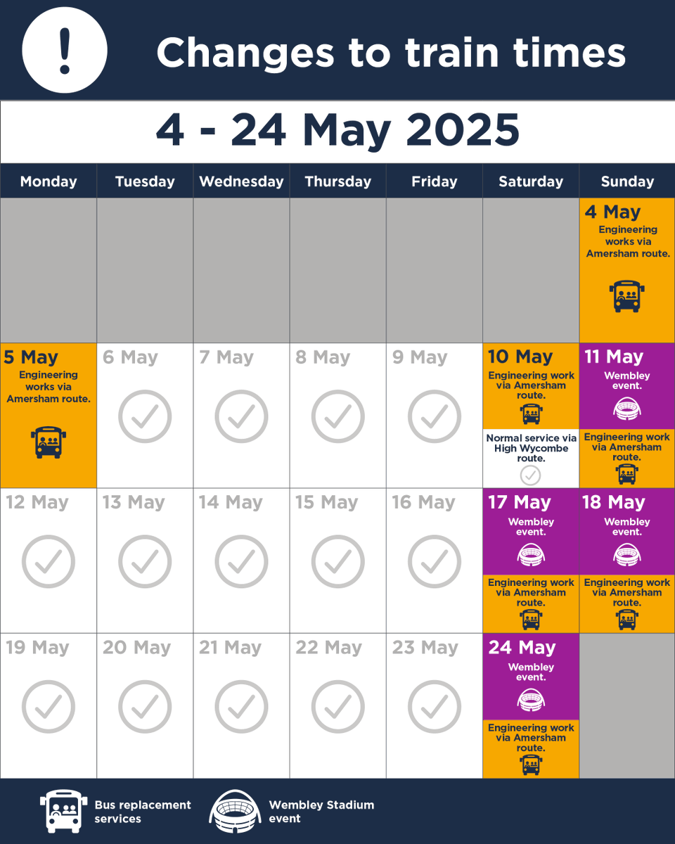 With some engineering works and Wembley events throughout May, we will be running an amended timetable on these days and advise you check your travel - You can see more information here - chilternrailways.co.uk/tickets-and-ti…