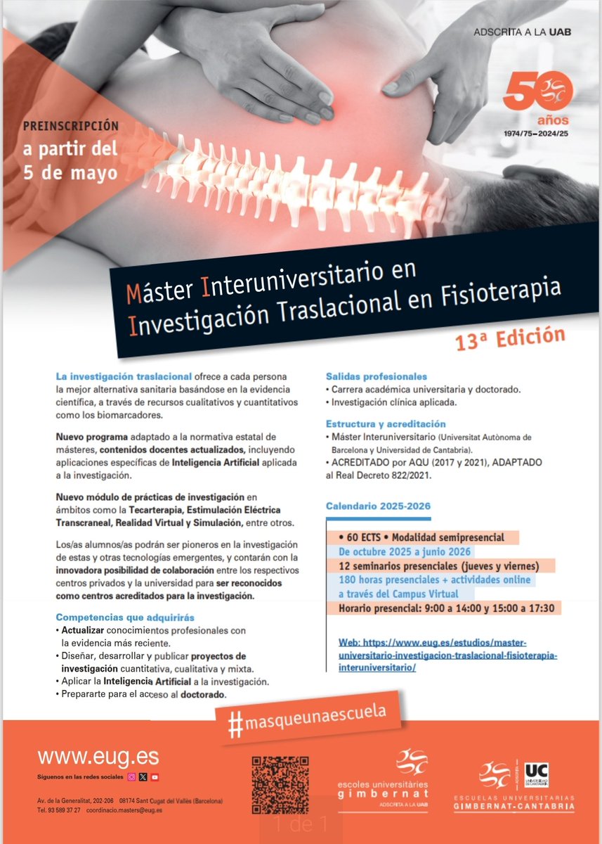 🔝 MÁSTERES UNIVERSITARIOS de #fisioterapia E. U. GIMBERNAT 2025-26
 #prematrícula abierta!
👩🏼‍🎓👨🏻‍🎓 Contenidos actualizados
🗓️ Nueva agenda sin fines de semana
👨🏼‍⚕️👩🏻‍⚕️ Docencia 100% acreditada
📥 Reserva tu plaza hoy mismo ‼️
🔗 ja.cat/5j4B7
<a href="/EUGfisioSC/">EUGimbernat Fisioteràpia</a> <a href="/eugimbernat_/">EUG Escoles Universitàries Gimbernat</a>