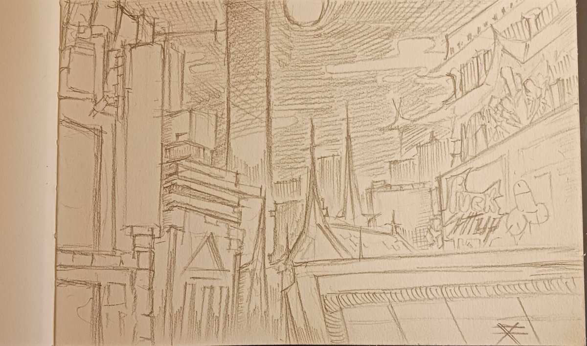 don't post much trad stuff but here's a sketch from today in a new book, I'm happy with it and want to do more environments in the future, they're always a challenge but in a fun way!