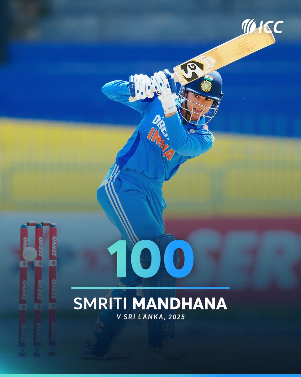 ICC's tweet image. Smriti Mandhana rises to the occasion with a brilliant century in the tri-series final against Sri Lanka 👏 

📝 #SLvIND: icc-cricket.com/matches/257871…