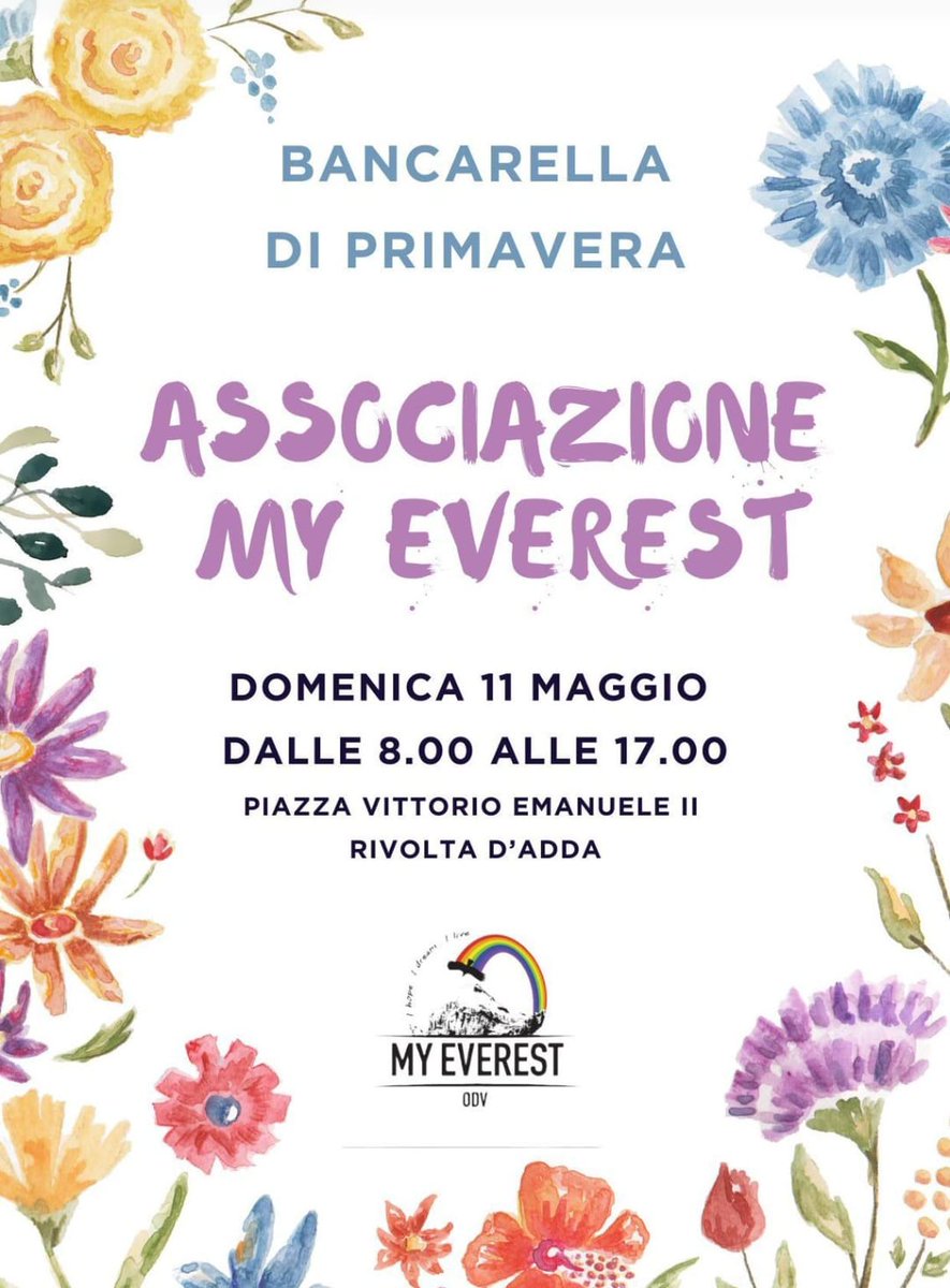 AISP (@aisp_pancreas) on Twitter photo Sosteniamo l'iniziativa di <a href="/_My_Everest/">Progetto My Everest</a> 🙌
🗓 Oggi, domenica 11 maggio
🕗 Dalle 8 alle 17
📍 Piazza Vittorio Emanuele II, Rivolta d'Adda
🌸 Bancarella di primavera 🌸 Sosteniamo l'iniziativa di <a href="/_My_Everest/">Progetto My Everest</a> 🙌
🗓 Oggi, domenica 11 maggio
🕗 Dalle 8 alle 17
📍 Piazza Vittorio Emanuele II, Rivolta d'Adda
🌸 Bancarella di primavera 🌸