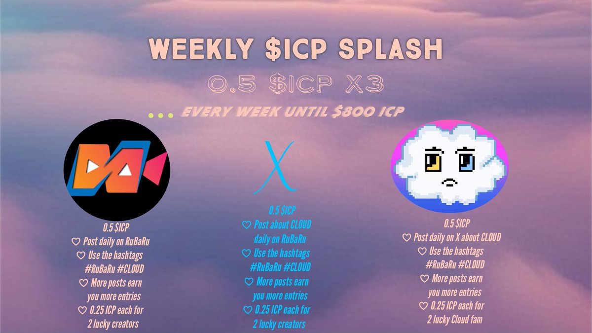 WEEKLY $ICP SPLASH #Round_1
( 6 WINNERS )

How To Join:
◇ Use RuBaRu, OR
◇ Shill $CLOUD here on X, OR
♡ Use RuBaRu and shill $CLOUD

RULES:
▪︎Must retweet this post
▪︎Must use the hashtags #RUBARU #CLOUD
▪︎One Post Daily

Winners by 6 AM UTC on Sunday.

Good luck,fam ♡