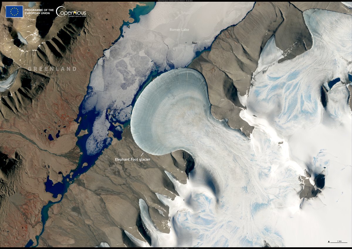 🐘❄️ Greenland’s Elephant Foot Glacier is a stunning piedmont glacier with a 5.4 km-wide circular ice fan flowing into Romer Lake.

Seen here in a #CopernicusEU #Sentinel2 #ImageOfTheDay from 16 July 2024, this data helps monitor glacier change worldwide. 🛰