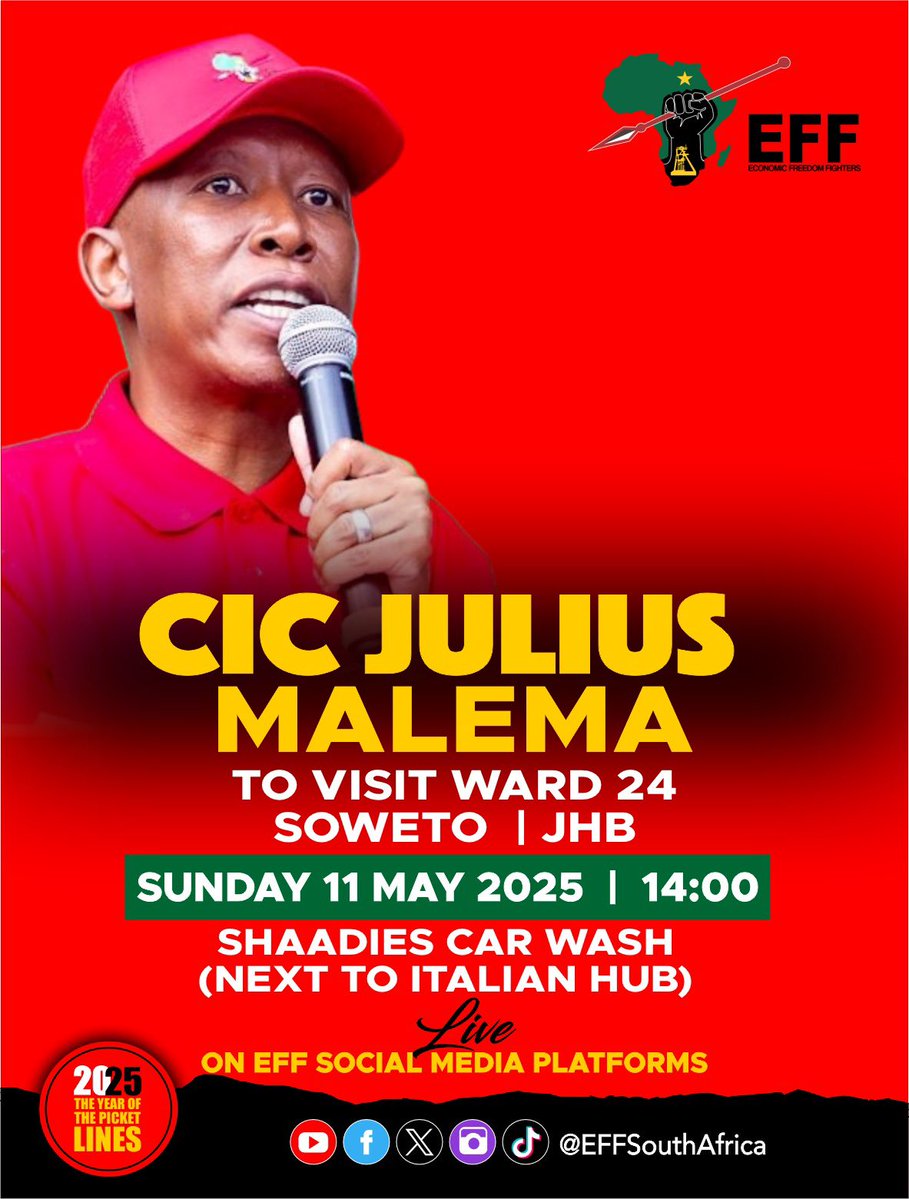 Economic Freedom Fighters (@effsouthafrica) on Twitter photo ♦️Happening Today♦️
The President and Commander in Chief,
<a href="/Julius_S_Malema/">Julius Sello Malema</a>, will visit ward 24, in Soweto, Johannesburg today, ahead of the by-elections that will take place on the 14th of May 2025.
Watch live on our social media platforms! ♦️Happening Today♦️
The President and Commander in Chief,
<a href="/Julius_S_Malema/">Julius Sello Malema</a>, will visit ward 24, in Soweto, Johannesburg today, ahead of the by-elections that will take place on the 14th of May 2025.
Watch live on our social media platforms!