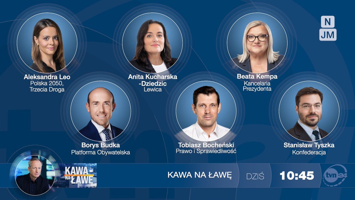 ZAPRASZAMY na #Kawanaławę ☕ Dziś gośćmi <a href="/KonradPiasecki/">Konrad_Piasecki</a> będą: Aleksandra Leo, Anita Kucharska-Dziedzic, Beata Kempa oraz Borys Budka, Tobiasz Bocheński i Stanisław Tyszka. 

OGLĄDAJ od 10:45 w <a href="/tvn24/">tvn24</a> i <a href="/tvn24plus/">TVN24+</a> 💻📱🖥️
⚪ tvn24.pl/plus/na-zywo/t…
🟡 tvn24.pl/plus/programy/…