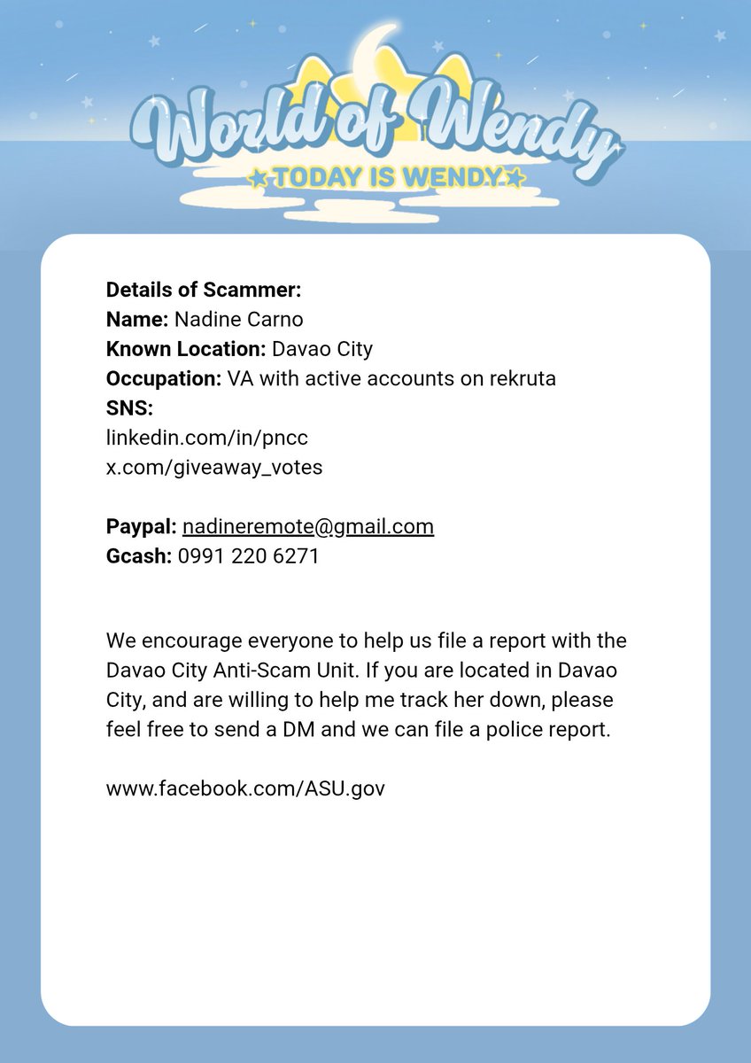 WorldOf_Wendy's tweet photo. SCAMMER @giveaway_votes EXPOSE THREAD

During the last week of SMA voting, we unfortunately fell victim to the scam of Ms. Pretty Nadine Carno of Davao City (alias @giveaway_votes 

In total, we paid PHP 21, 000 ($389) as deposit for what would have been 4 million boosters.

On May 5th, Ms. Nadine Carno failed to deliver  the expected 1 million boosters, and only voted a total of 124,050 boosters.
On May 6th, all communications were ignored. Some friends who live in the Philippines have also been blocked by her known contact number after being called multiple times.

As of writing, all contact has been ignored and we hope this post can serve as a warning to everyone to avoid Ms. Nadine Carno and her operation.

Name: Nadine Carno (Alias: Pretty Nadine Carno）
Active Gcash： 0991 220 6271
Paypal: nadineremote@gmail.com