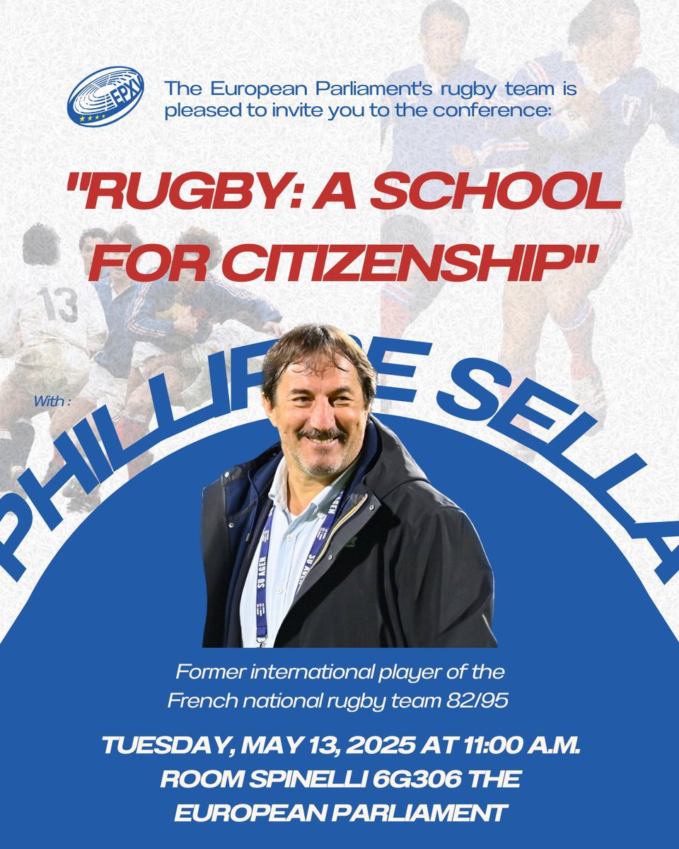 Val Flynn (@flynn_val) on Twitter photo The <a href="/Europarl_Rugby/">EPXV — European Parliament Rugby Team</a>
is proud to host - Philippe Sella, the first #rugby centurion 111🏉🧢 - a timeless icon of #French sporting flair (silky hands) & power (fearless runs).
🗓 Tuesday, May 13, 2025
📍 Spinelli 6G306
⏰ 11:00 am to 12:30 pm <a href="/EuroParlPress/">EP PressService</a> <a href="/pentagrp/">Penta Group</a> <a href="/FESIsport/">FESI</a> The <a href="/Europarl_Rugby/">EPXV — European Parliament Rugby Team</a>
is proud to host - Philippe Sella, the first #rugby centurion 111🏉🧢 - a timeless icon of #French sporting flair (silky hands) & power (fearless runs).
🗓 Tuesday, May 13, 2025
📍 Spinelli 6G306
⏰ 11:00 am to 12:30 pm <a href="/EuroParlPress/">EP PressService</a> <a href="/pentagrp/">Penta Group</a> <a href="/FESIsport/">FESI</a>