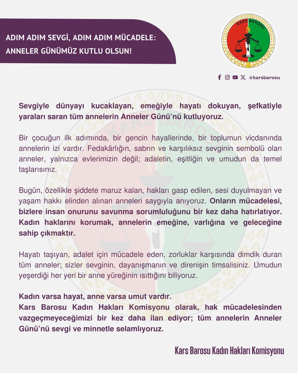 📍11 MAYIS

Kıymetli Annelerimizin Anneler Günü Kutlu Olsun!

<a href="/KarsBarosu/">Kars Barosu</a> <a href="/karsbarosuKHK/">Kars Barosu Kadın Hakları</a> <a href="/NecatYagci/">Av.Necat YAĞCI</a>