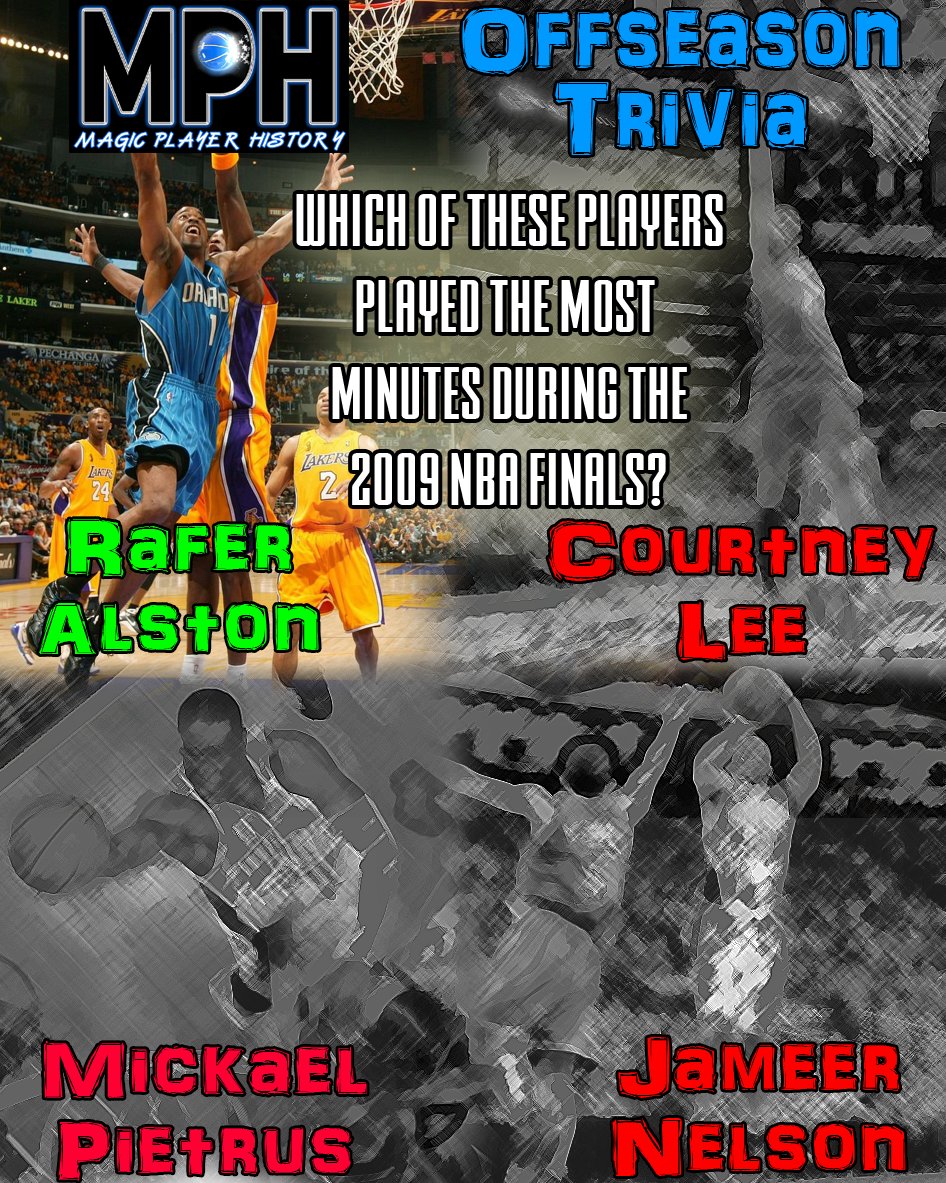 The answer to yesterdays trivia question was Rafer Alston.

2009 Finals Minutes:
1. Alston - 147
2. Pietrus - 140
3. Nelson - 90
4. Lee - 88

Sadly only one person got this question correct, with Pietrus the most popular answer.

#MakeItMagic