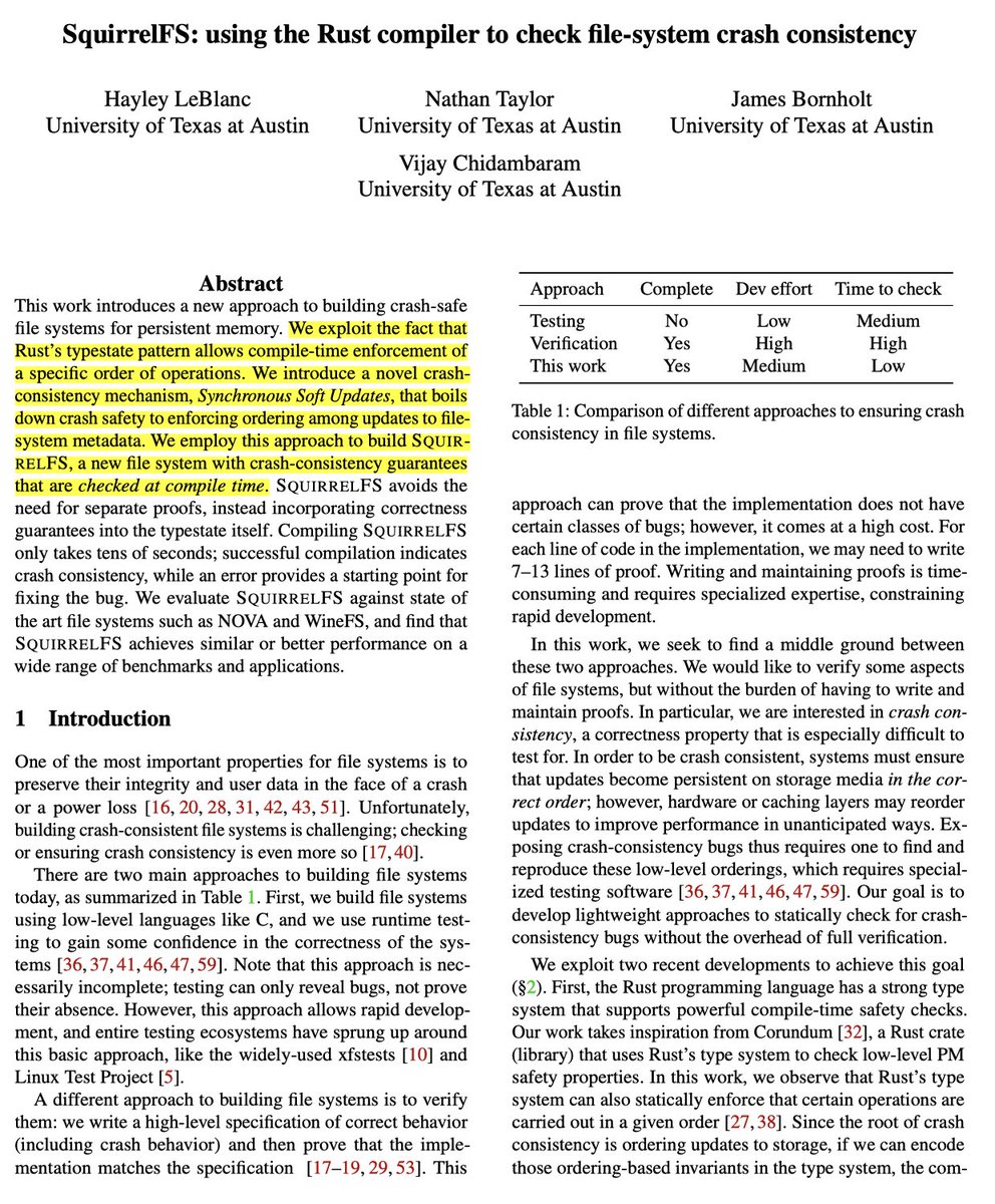 One of the cool applications of the typestate pattern in Rust that I read recently is the design of SquirrelFS, a new file system with crash-consistency guarantees that are checked **at compile time**. In Rust the typestate pattern plays nicely with the ownership model semantics