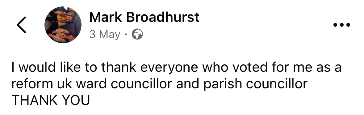 reformexposed's tweet image. Mark Broadhurst is @reformparty_uk’s new councillor in Hatfield, #Doncaster.

How did they miss him when vetting candidates?

His Facebook is full of anti-Semitic, anti-Islam, misogynistic, homophobic and transphobic posts.

There’s even this post where it combines racism and…