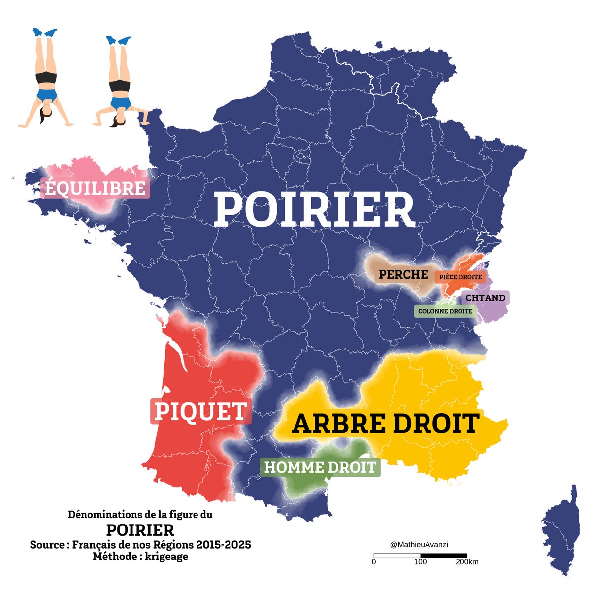 🤸Faire le poirier, c’est s’équilibrer sur les mains, la tête en bas, les jambes tendues vers le ciel. Ce geste acrobatique, courant dans les cours d’école ou les séances de gymnastique, semble universel. Mais son nom, lui, ne l’est pas. Comment vous dites ?