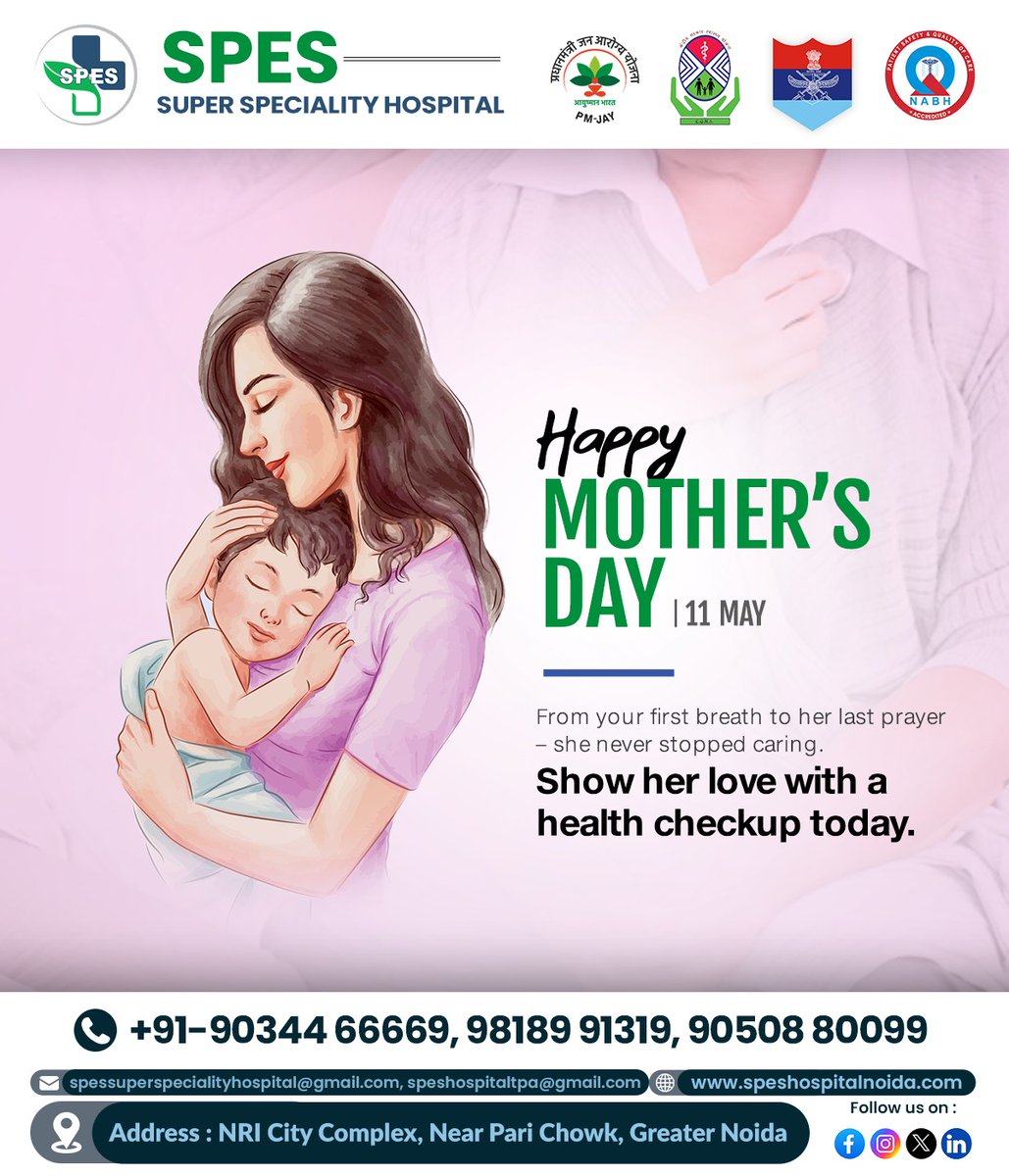 SPESHospital's tweet photo. Happy MOTHER'S DAY 💐
From your first breath to her last prayer — she’s always been there.
Gift her good health with a complete checkup today!
#MothersDay #GiftOfHealth #CareForMoms #HealthyMothersHappyFamilies #WomensHealth #SPESHospital #GreaterNoida #SpecialityCare #Noida https://t.co/h9m7asP5RZ